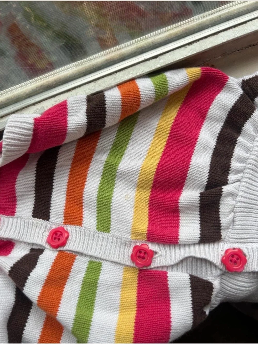 Gymboree White Cardigan with Pink, Orange, Yellow, Green & Brown Stripes